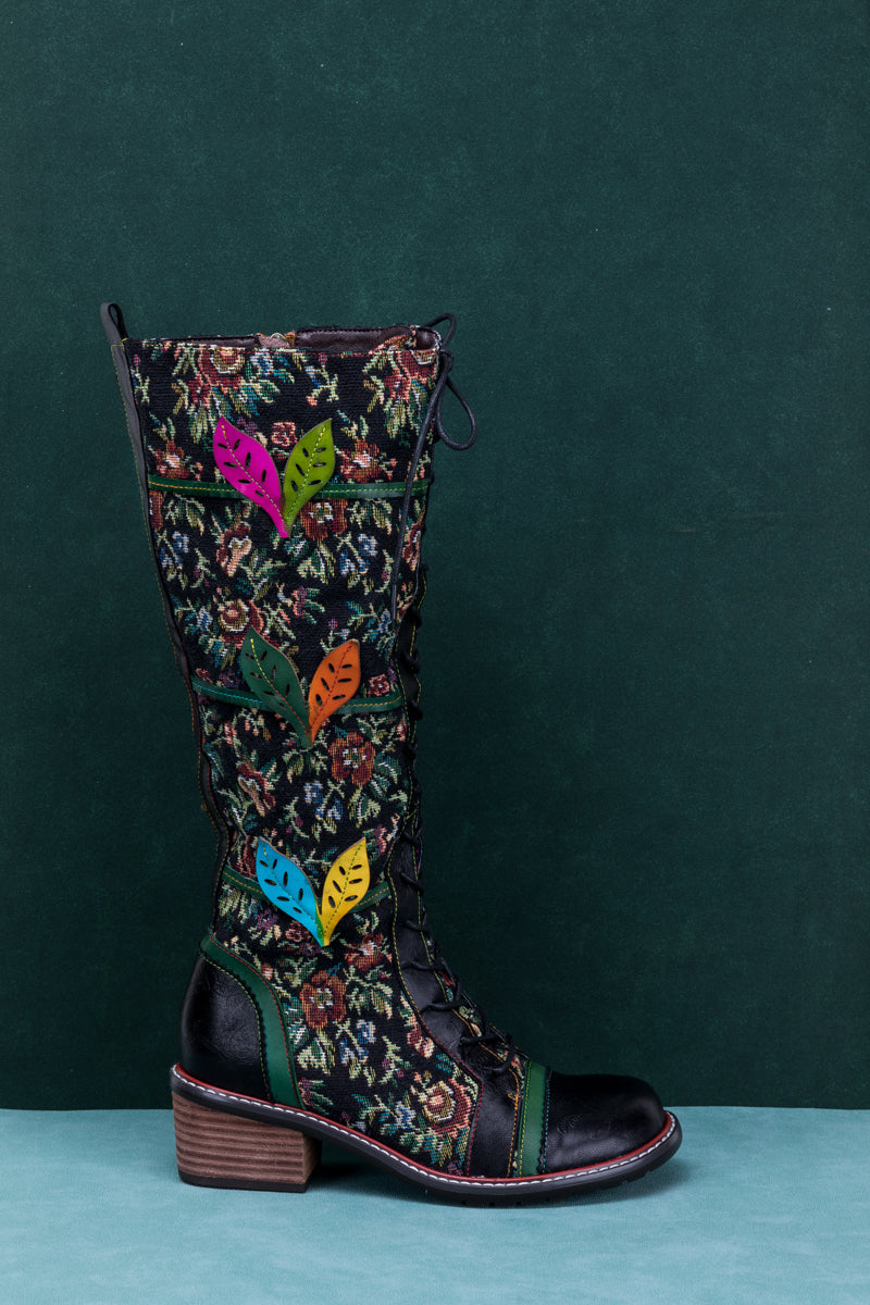 SOFFIA | FLORAL PATCHWORK APPLIQUE LEATHER CANVAS BOOT