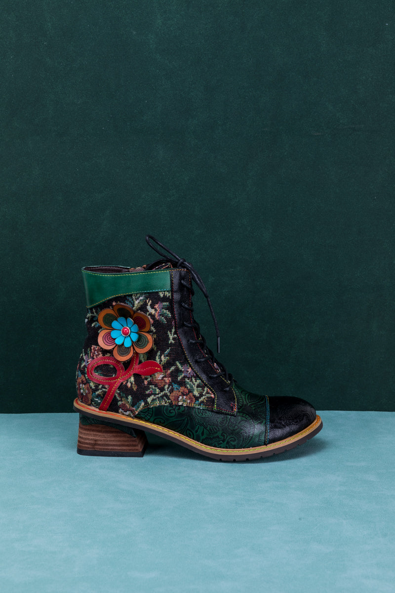 SOFFIA | FLORAL APPLIQUED LACE UP LEATHER ANKLE BOOT