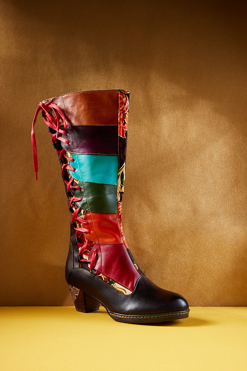 Soffia | Delora Floral Contrast Stripe Wide Calf Leather Knee High Boots