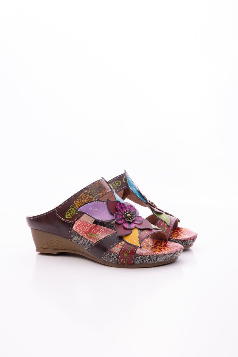 SOFFIA | FLOR DE PARAISO LEATHER WEDGE SANDAL - BROWN