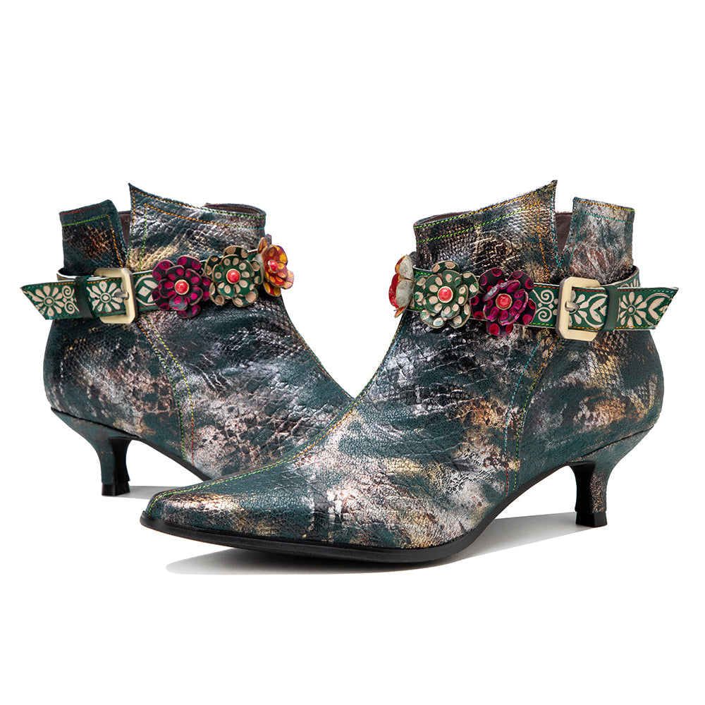 SOFFIA | SNAKE PATTERN EMBOSSED GREEN LEATHER KITTEN HEEL ANKLE BOOT