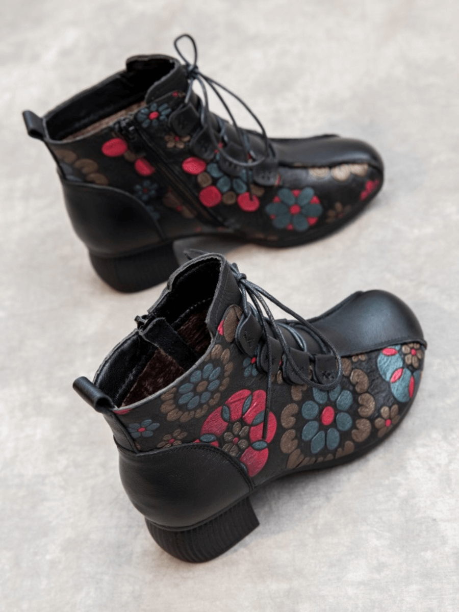 RUMOUR HAS IT | LACE-UP FLORAL EMBOSSED LEATHER BOOT - BLACK