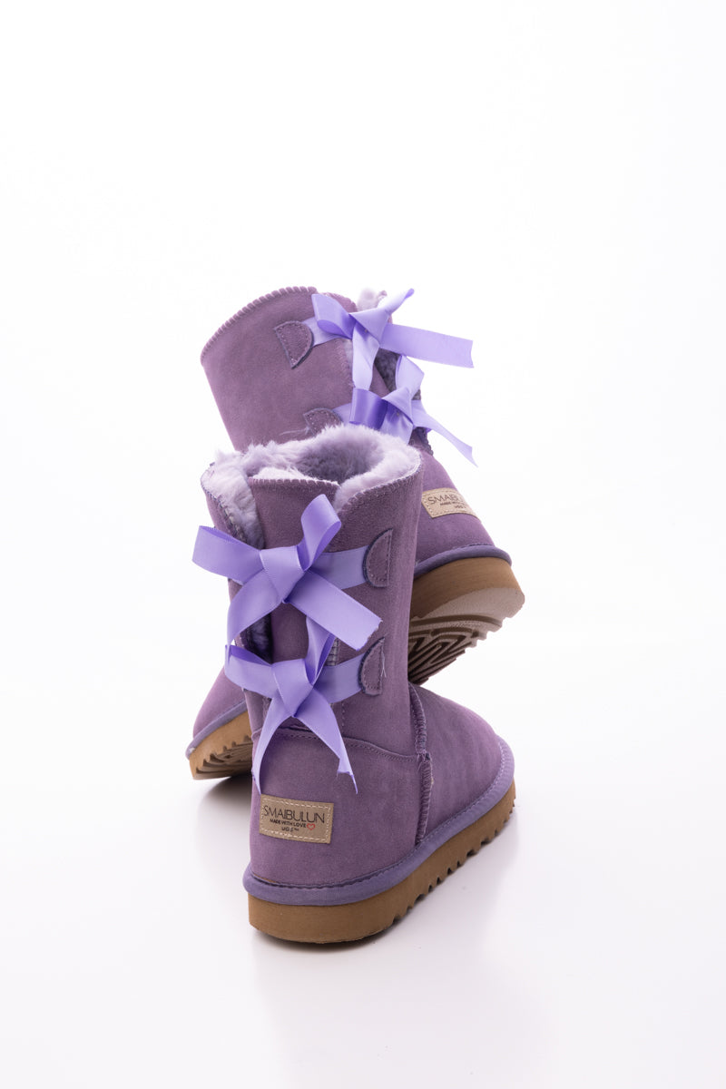 Smaibulun Ugg | Double Ballet Ribbon Bow Suede Shearling Boots - Lavender