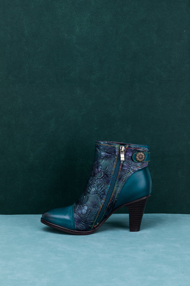 SOFFIA | FLORAL EMBOSSED METALLIC LEATHER ANKLE BOOT - TEAL