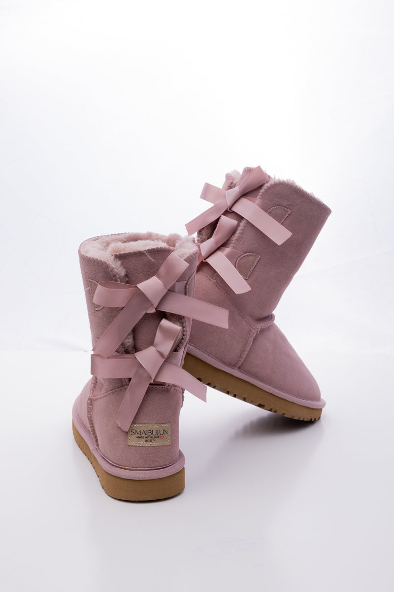 Smaibulun Ugg | Double Ballet Ribbon Bow Suede Shearling Boots - Taro