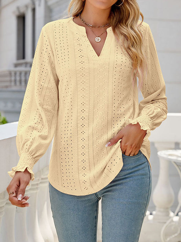 Long Sleeves Loose Elasticity Hollow Solid Color V-Neck T-Shirts Tops