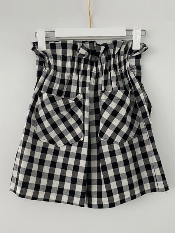 High Waisted Loose Buttoned Elasticity Plaid Shorts Bottoms