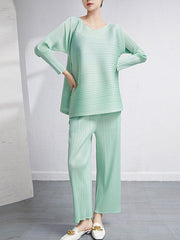 Loose Pleated Solid Color High-Low Round-Neck T-Shirts  + Pants Two Pieces Set