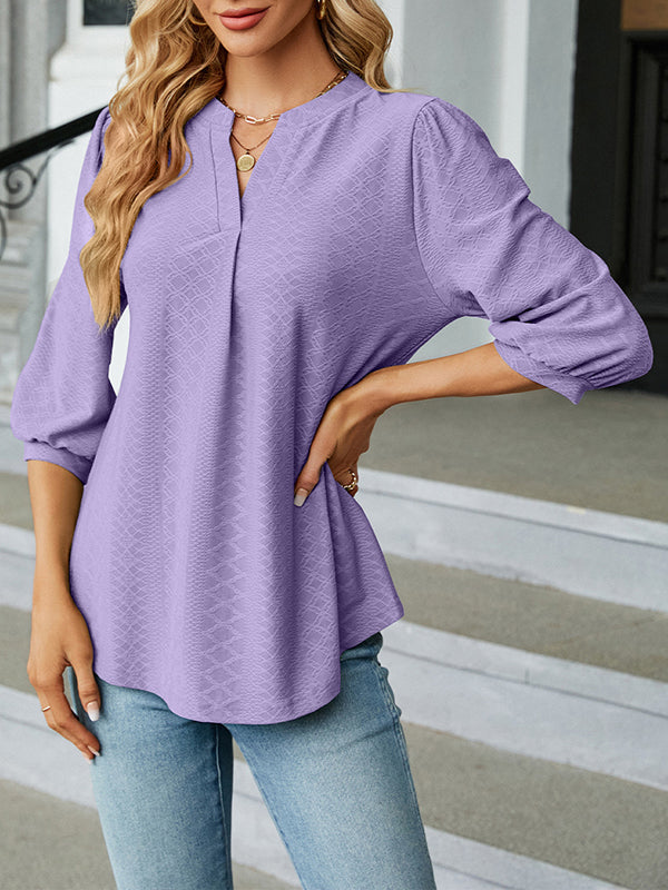 Loose Puff Sleeves Jacquard Pleated Solid Color Split-Joint V-Neck T-Shirts Tops