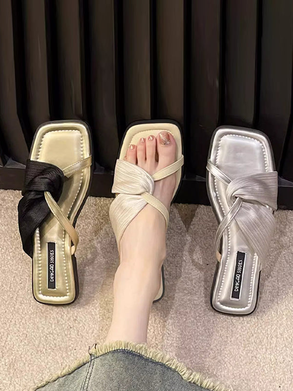 Pleated Split-Joint Square-Toe Sandals Slippers