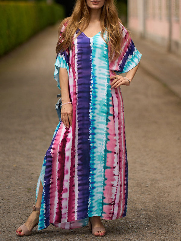 Batwing Sleeves Loose Contrast Color Printed Split-Side V-Neck Beach Cover-Up Maxi Dresses