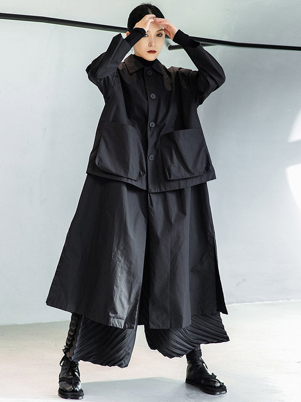 Loose Split-Joint Black False Two Trench Coat