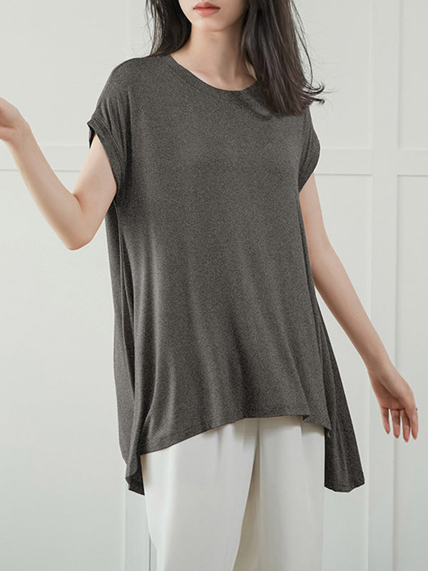 High-Low Loose Asymmetric Solid Color Round-Neck T-Shirts Tops