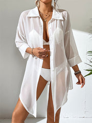 Loose Three-Quarter Sleeves Buttoned See-Through Solid Color Split-Joint Lapel Blouses&Shirts Tops