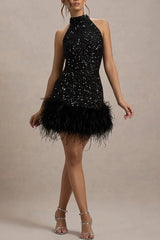 Dazzling and Playful Sequin High Neck Feather Trim Stretch Mini Dress