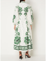 Vintage Floral Print Lantern Long Sleeve Midi Dress