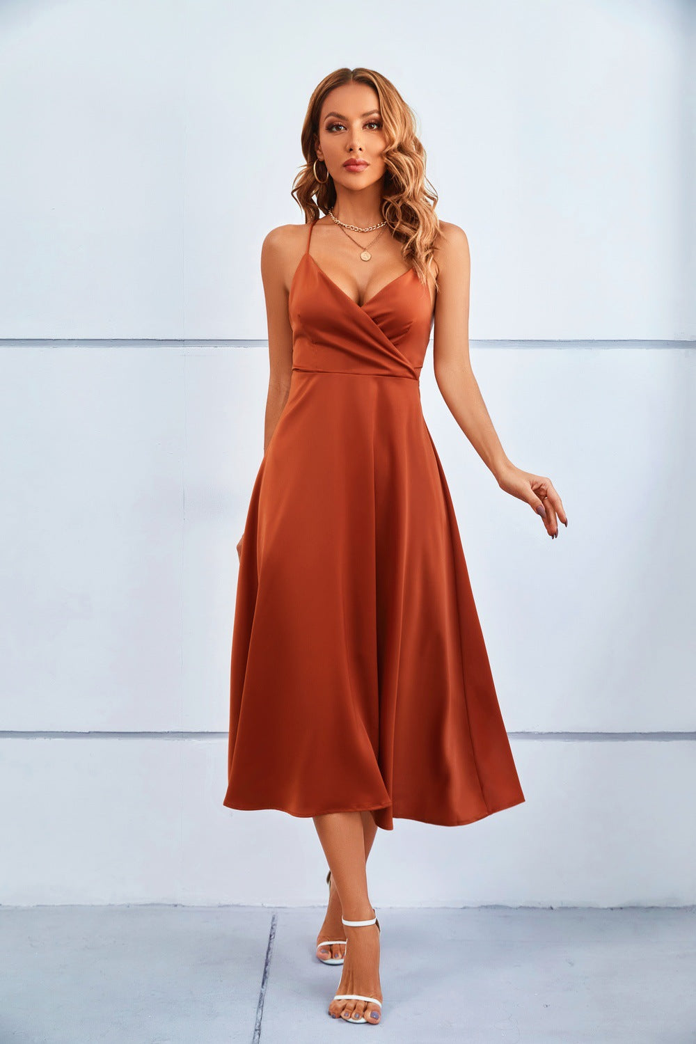 Terracotta Satin Bow-Back Midi Dress