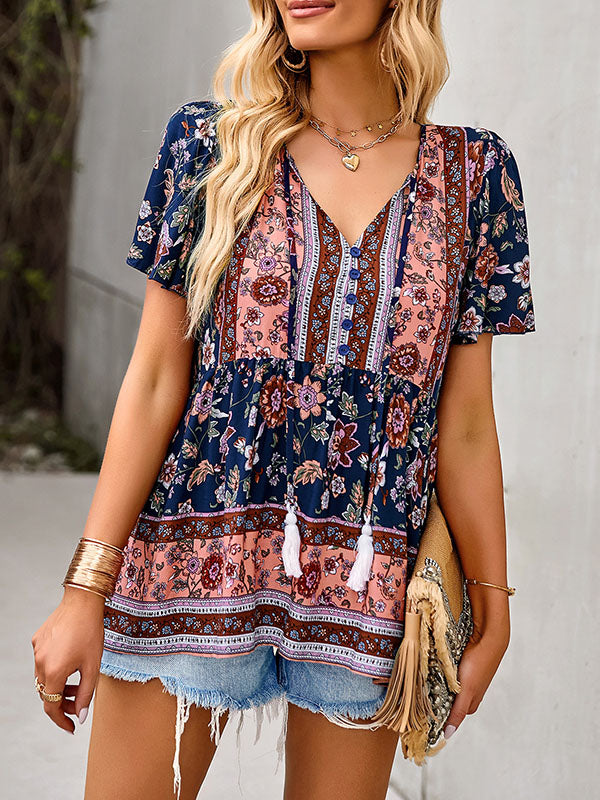 Loose Short Sleeves Buttoned Flower Print Split-Joint Tasseled Tied V-Neck T-Shirts Tops