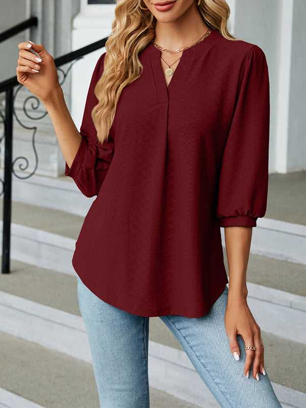 Loose Puff Sleeves Jacquard Pleated Solid Color Split-Joint V-Neck T-Shirts Tops