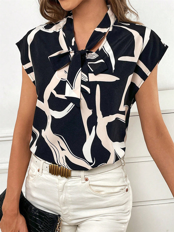 Batwing Sleeves Loose Printed Tied V-Neck Blouses&Shirts Tops