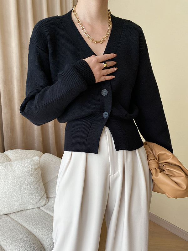 Long Sleeves Loose Solid Color V-Neck Cardigan Tops