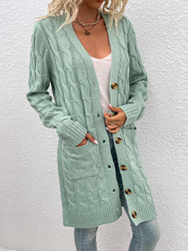 Urban Simple Loose Buttoned Solid Color Jacquard Cardigan Coat