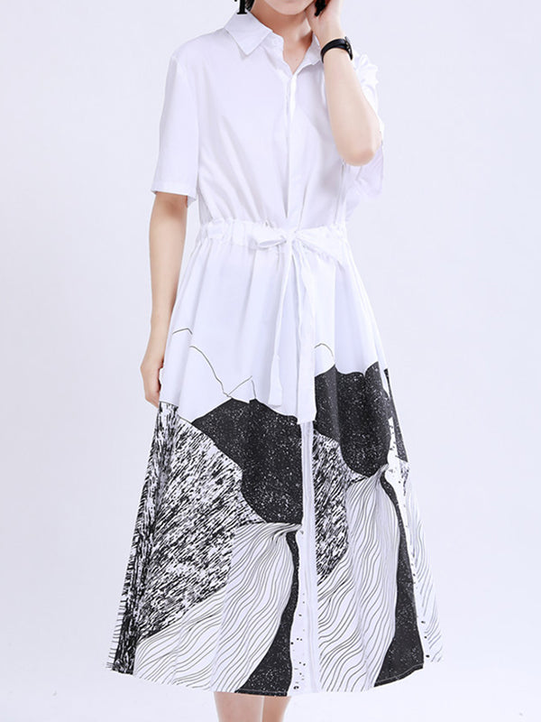 Loose Short Sleeves Contrast Color Drawstring Printed Tied Waist Lapel Midi Dresses Shirt Dress