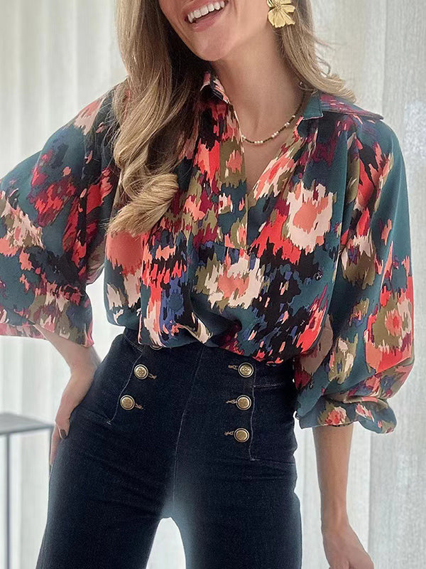 Long Sleeves Loose Printed V-Neck Blouses&Shirts Tops