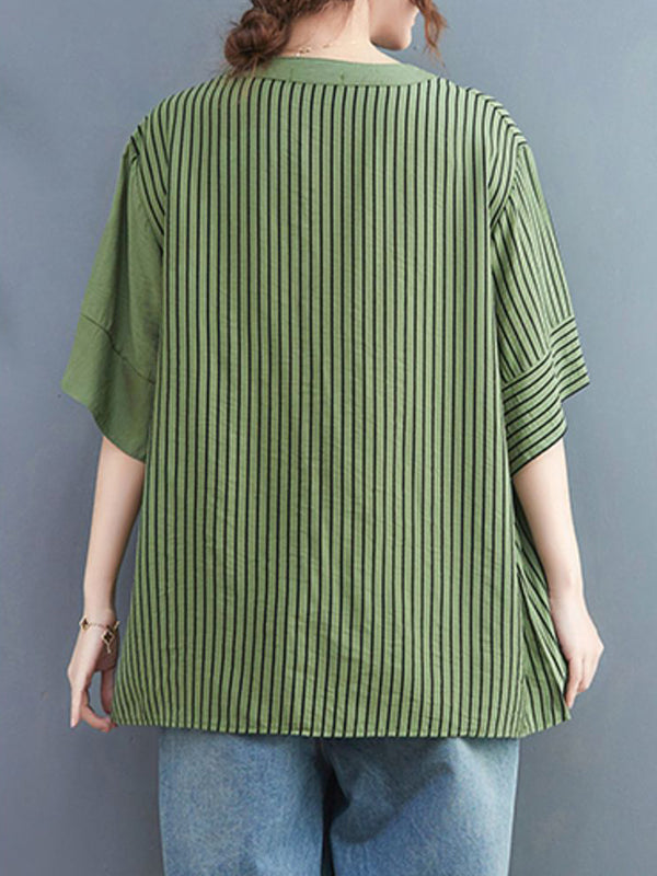 Simple Loose Asymmetric Striped V-Neck Blouse