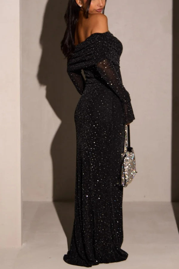 Black Off-shoulder Sequined Maxi Dress