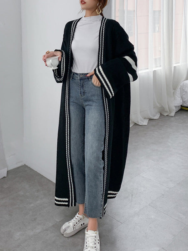 Urban Loose Contrast Color Striped Cardigan Coat