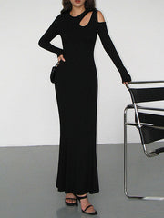 Long Sleeves Skinny Hollow Solid Color Cold Shoulder Maxi Dresses