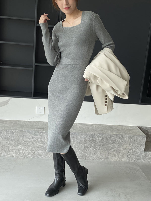 Simple Skinny Long Sleeves Solid Color Square-Neck Sweater Dresses