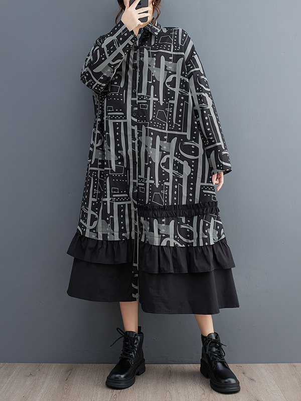 A-Line Long Sleeves Asymmetric Buttoned Printed Split-Joint Lapel Midi Dresses