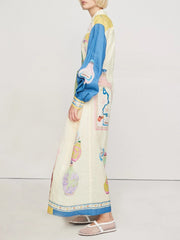 Unique Painting Print Lantern Sleeve Tie Midi Dress