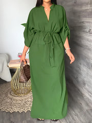 Loose Drawstring Solid Color Split-Side V-Neck Maxi Dresses