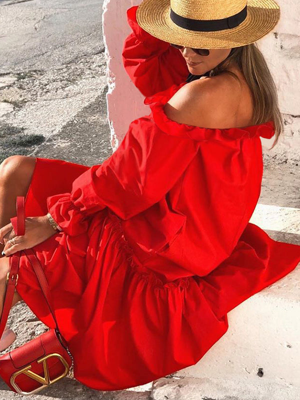 Loose Irregularity Falbala Solid Color Off-The-Shoulder Midi Dresses