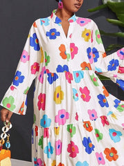 Flared Sleeves Loose Buttoned Flower Print Split-Joint Stand Collar Maxi Shirt Dresses