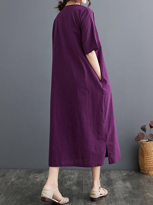 A-Line Loose Chinese Frog Buttons Pockets Solid Color Split-Side V-Neck Midi Dresses