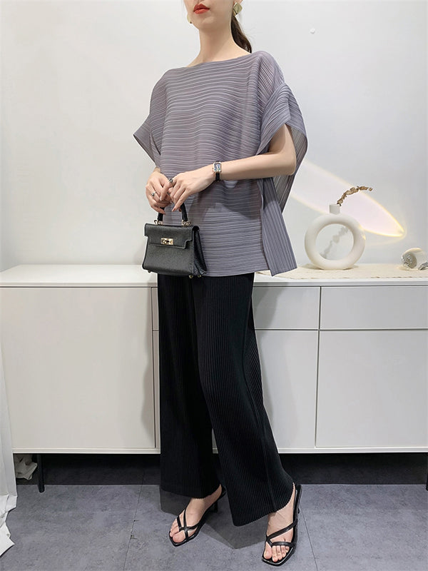 Batwing Sleeves Loose Pleated Solid Color Round-Neck T-Shirts Tops