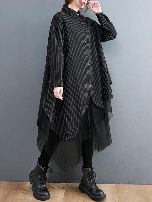 Loose Striped Gauze Split-Joint Lapel Long Dress