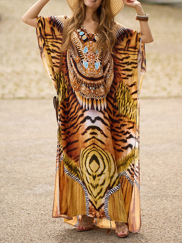 Batwing Sleeves Loose Printed Split-Side Tiger Skin Pattern V-Neck Beach Cover-Up Maxi Dresses