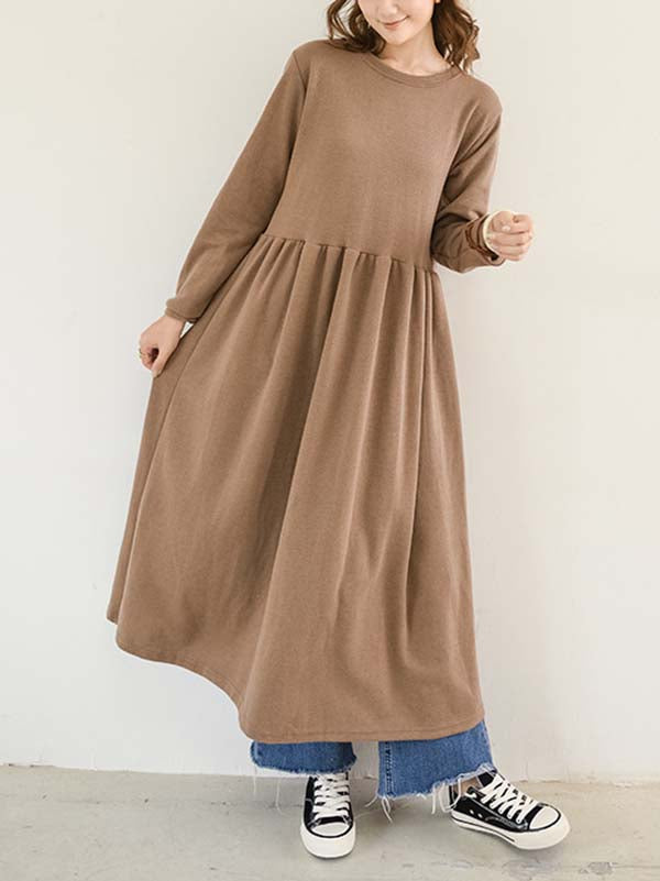 Casual Loose Long Sleeves Solid Color Round-Neck Midi Dresses