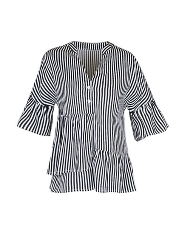 Loose Raglan Sleeve Asymmetric Falbala Pleated Split-Joint Striped Tiered V-Neck Blouses&Shirts Tops