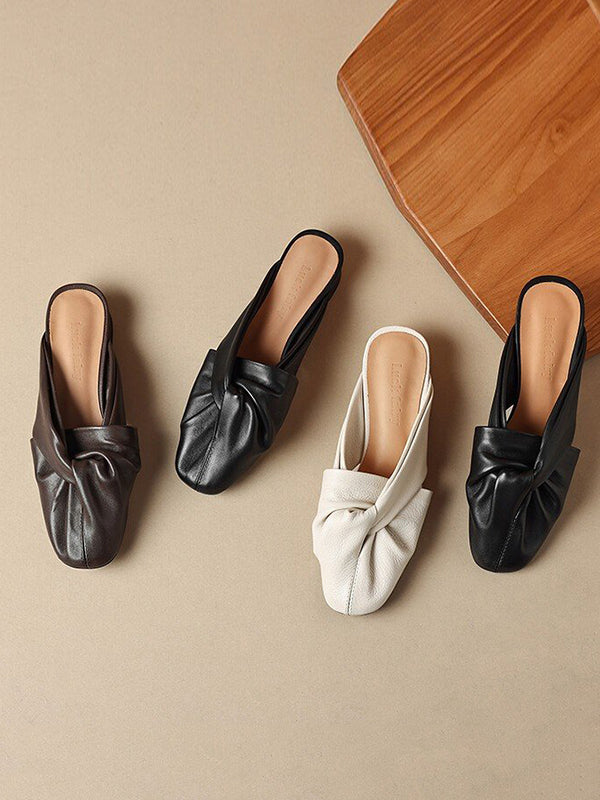 Hollow Pleated Round-Toe Split-Joint Slippers&Mules