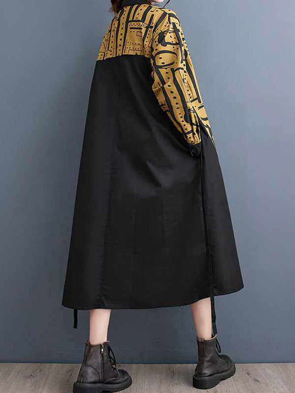 A-Line Long Sleeves Asymmetric Contrast Color Printed Warp Knitting Lapel Midi Dresses Shirt Dress