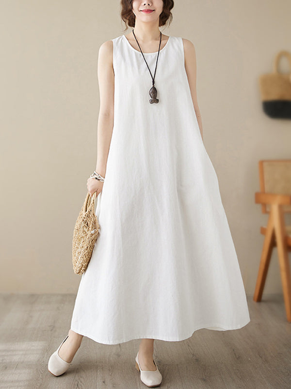 Loose Sleeveless Solid Color Round-Neck Midi Dresses