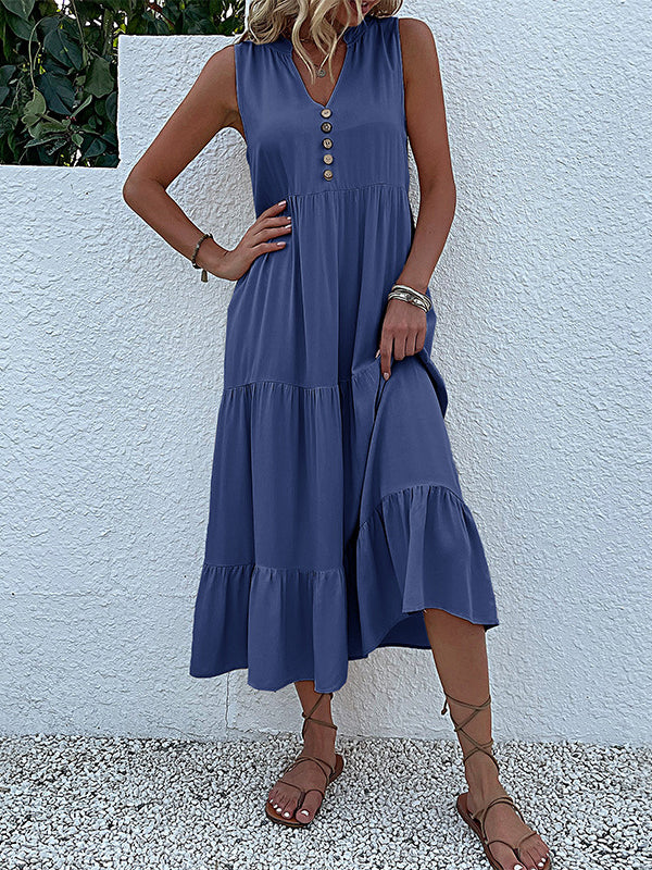 Loose Sleeveless Pleated Split-Joint V-Neck Midi Dresses