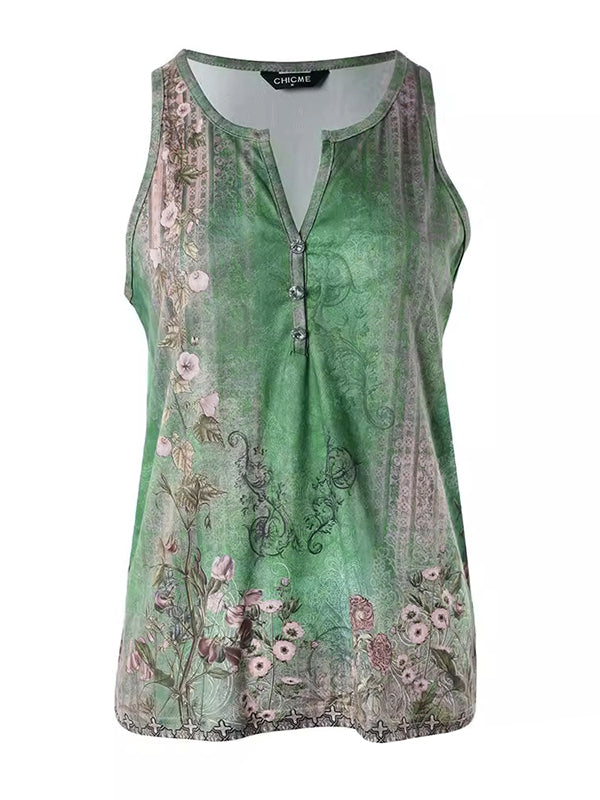 Loose Sleeveless Buttoned Flower Print V-Neck Vest Top