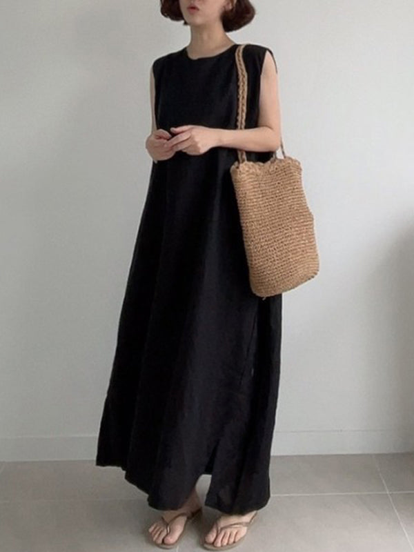 Casual Simple Solid Color Split-Side Round-Neck Sleeveless Midi Dress